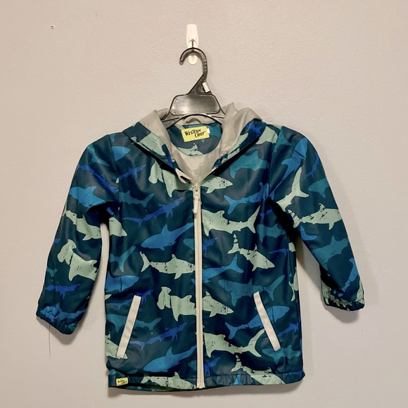 Western Chief Lined Rain Jacket, Navy with Shark Print - Size 6 (VGUC) - Picture 1 of 5